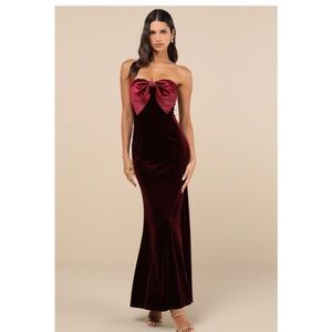 Lulu's Burgundy Strapless Gown with Bow
